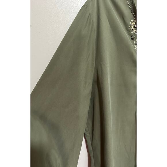 NWT Chico's Embellished Peasant Blouse Women's 2 12/14 Long Sleeve Olive Green - Picture 6 of 8